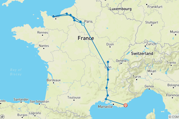 Mapa de Gran Francia con 2 noches en la Costa Azul (en dirección sur) 2027