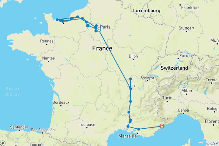 Carte du circuit Grand France avec 2 nuits sur la Côte d'Azur (vers le sud) 2027