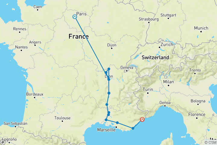 Karte von Burgund & Provence mit 2 Nächten in Paris & 2 Nächten an der Côte d'Azur für Weinliebhaber (Südrichtung)