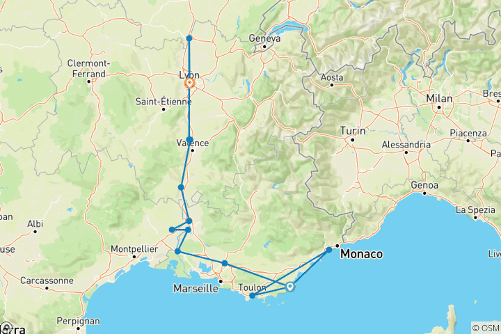 Carte du circuit Une expérience culinaire en Bourgogne et en Provence avec 2 nuits sur la Côte d'Azur (vers le nord) 2027