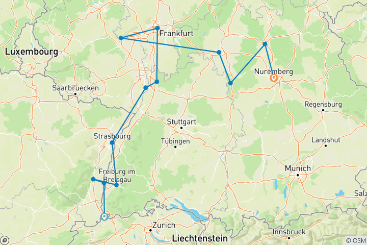 Carte du circuit Noël de Bâle à Nuremberg 2027