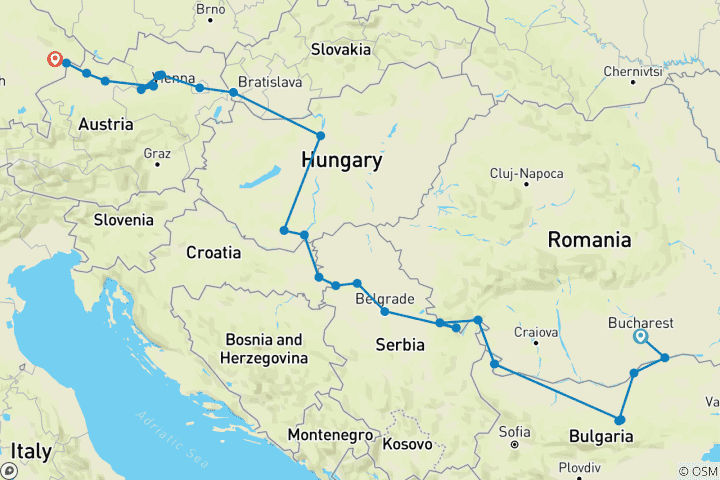 Carte du circuit Le Danube de la Roumanie à l'Allemagne avec 1 nuit à Bucarest pour les amateurs de vin