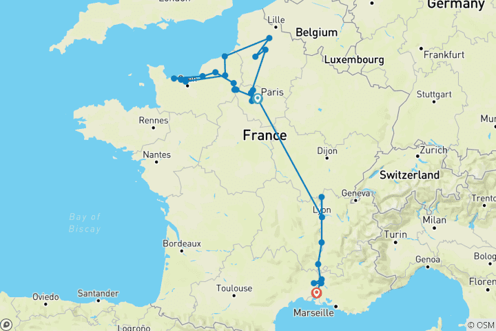 Carte du circuit Croisière historique et commémorative de la Seconde Guerre mondiale dans la Grande France (en direction du sud)