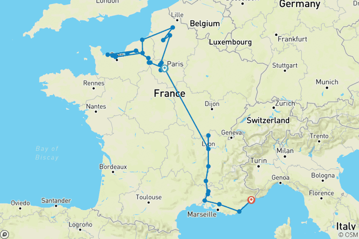 Kaart van Grand France met 2 nachten in Franse Rivièra WOII Herdenking & Geschiedenis Cruise (Southbound)