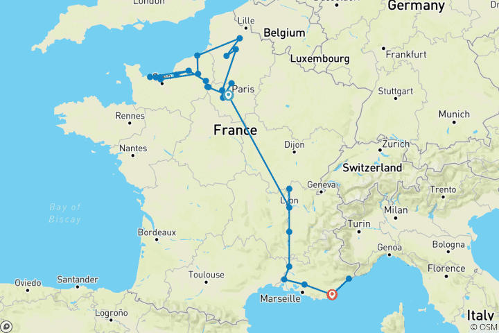 Carte du circuit Grand France avec 2 nuits sur la Côte d'Azur Croisière Mémoire et Histoire de la Seconde Guerre mondiale (vers le sud)