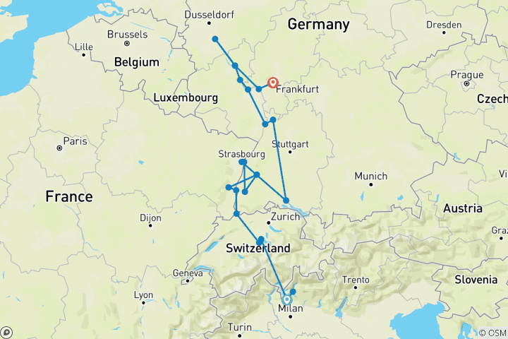 Carte du circuit Noël sur le Rhin romantique avec 3 nuits au lac de Côme, 1 nuit à Lucerne et les Alpes suisses (itinéraire vers le nord) 2027