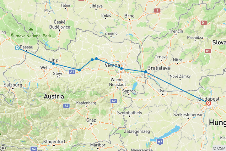 Kaart van Donau-symfonie met 1 nacht in Boedapest (oostwaarts) 2027