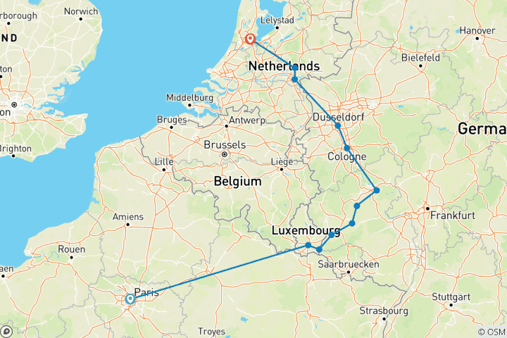 Carte du circuit Le Rhin et la Moselle : canaux, vignobles et châteaux avec 2 nuits à Paris et 2 nuits à Amsterdam