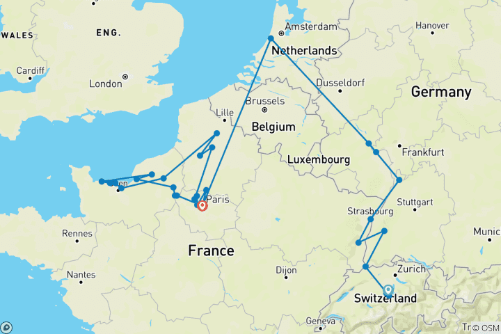 Map of Timeless Rivers of Europe: the Rhine and Seine WWII Remembrance & History Cruise with 2 Nights in Lucerne 2027