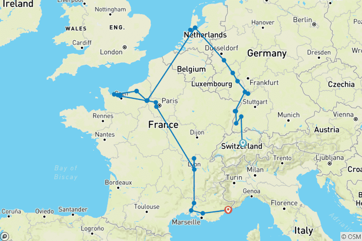 Carte du circuit Chef-d'œuvre européen : le Rhin, la Seine et le Rhône dévoilés avec 2 nuits à Lucerne et 2 nuits sur la Côte d'Azur 2027