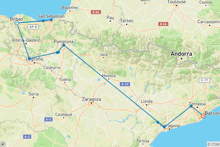 Carte du circuit Saveurs du nord de l'Espagne - Catalogne et Pays basque et Eclipse (de Bilbao à Barcelone)