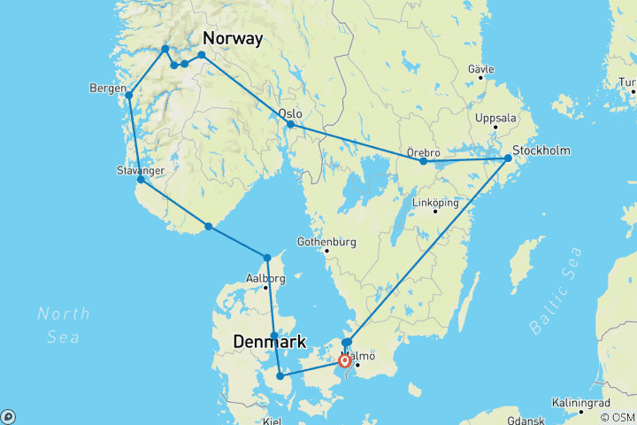 Kaart van Scandinavische hoofdsteden en fjordenwonderen - 9 dagen