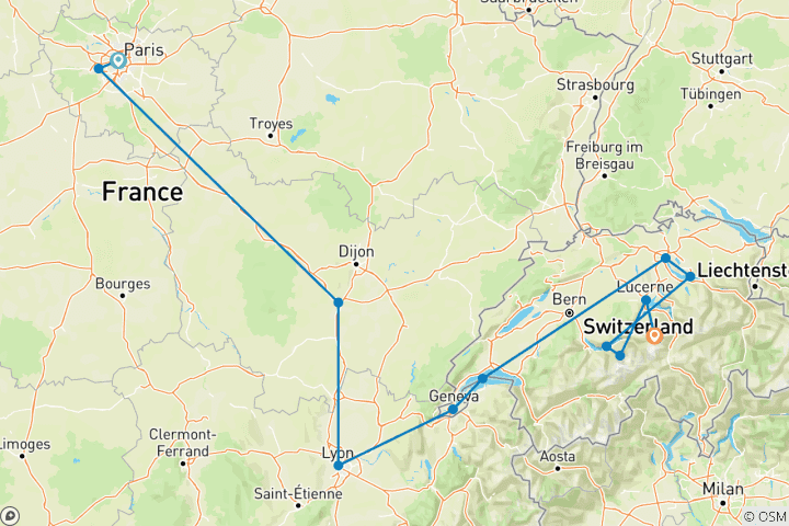 Kaart van Parijs naar Zürich Een betoverende reis - 8 dagen