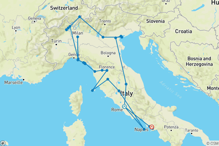 Kaart van Italië's wonderen Rome naar Napels Expeditie - 14 dagen