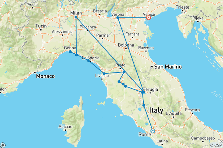Kaart van Italiaanse reis van renaissance naar romantiek - 11 dagen