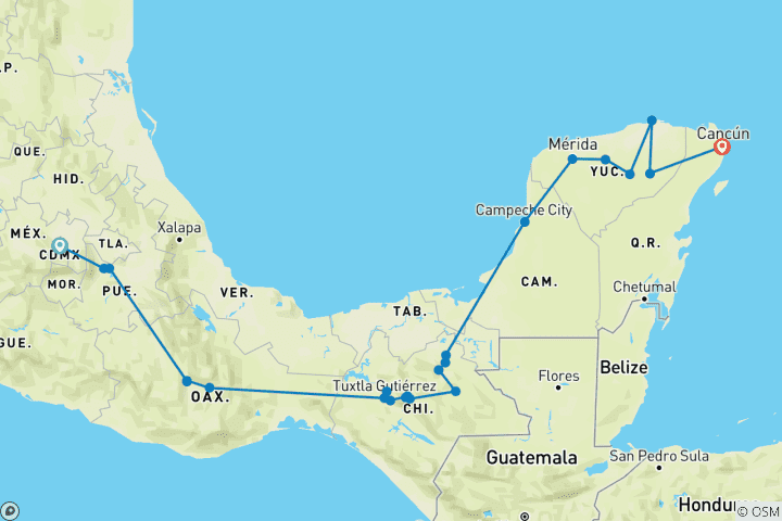 Kaart van Mayawonderen en Mexicaanse Schatten Tour - 12 dagen