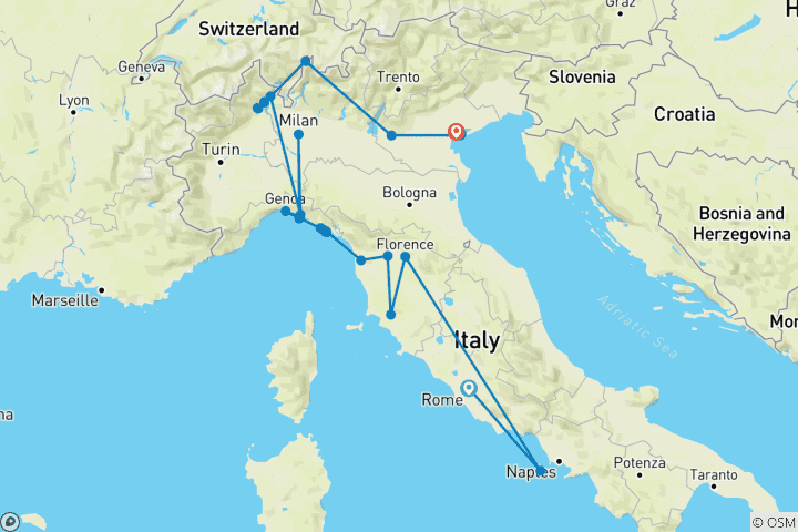 Kaart van De iconische steden en landschappelijke wonderen van Italië - 9 dagen