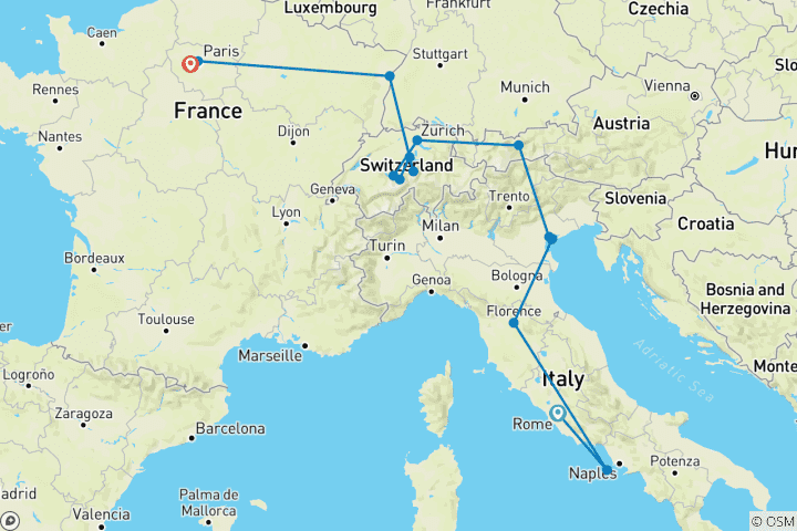 Map of Grand European Adventure Rome to Paris - 10 days