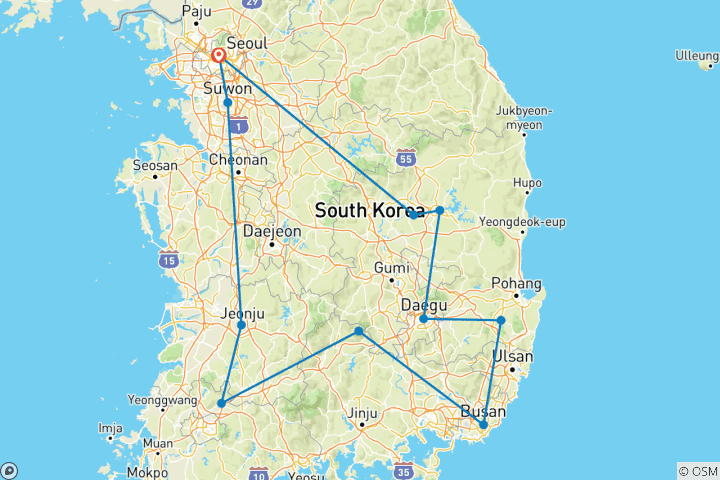 Kaart van Koreaanse cultuurreis van Seoul naar Busan - 9 dagen
