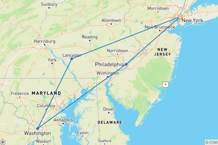 Carte du circuit Aventure de la Grosse Pomme à la Capitale - 6 jours