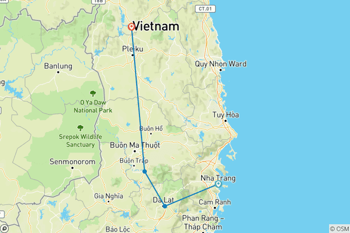 Map of Central Highlands Cultural Journey: From Vietnam Coast to Indigenous Villages (6 Days)