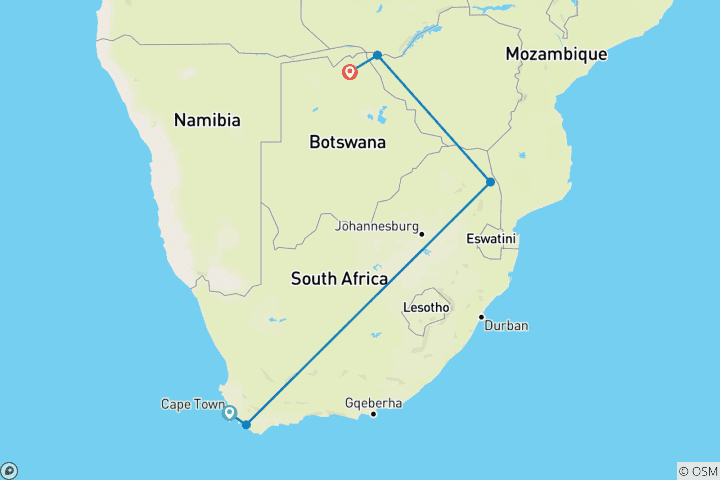 Mapa de Viaje de lujo de 12 días a Ciudad del Cabo, Parque Kruger y Cataratas Victoria