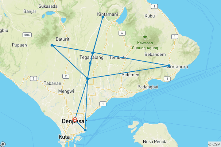 Map of Discover Bali: Ubud, Rice Terraces & Sanur 7 Days