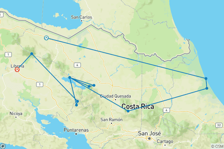 Carte du circuit Signature : Tortuguero, Arenal et les forêts de nuages du Costa Rica