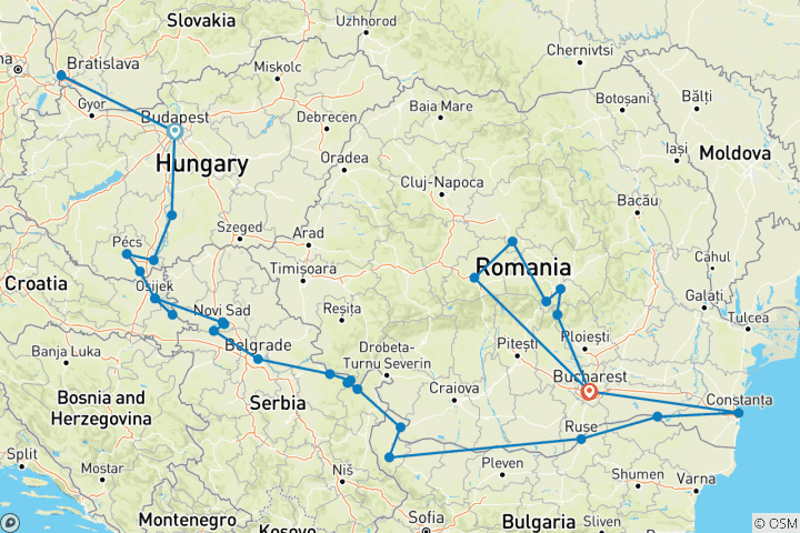 Karte von Entdeckung der unteren Donau mit Siebenbürgen - 20 Tage (30 Destinationen)