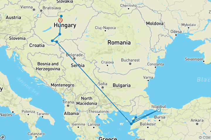 Karte von Untere Donau Entdeckung mit Türkei22 Tage (von Istanbul bis Budapest)