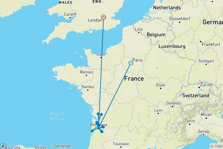 Map of Beautiful Bordeaux with Paris & London