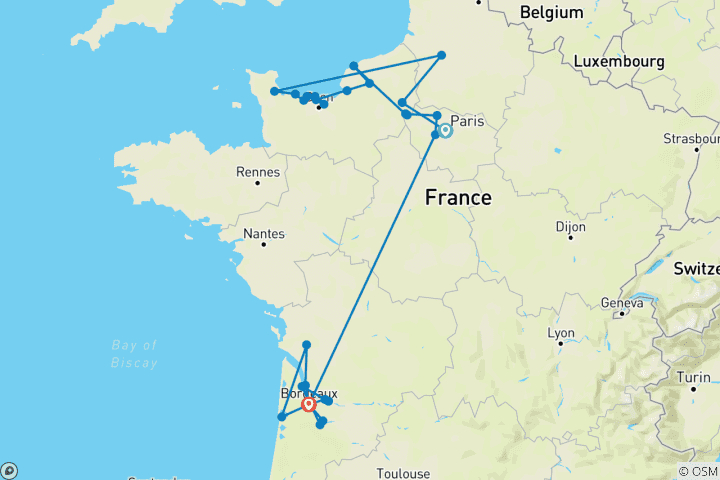 Mapa de Normandía y joyas del Sena y la bella Burdeos 2027 - 21 Días (from París to Burdeos)