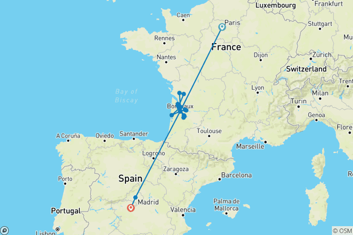 Map of Beautiful Bordeaux with Highlights of Paris & Madrid