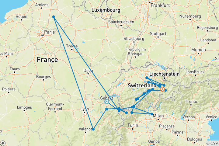 Karte von Grand Tour Schweiz - geführte E-Bike Reise - mit E-Bike und Glacier Express (8 Tage)