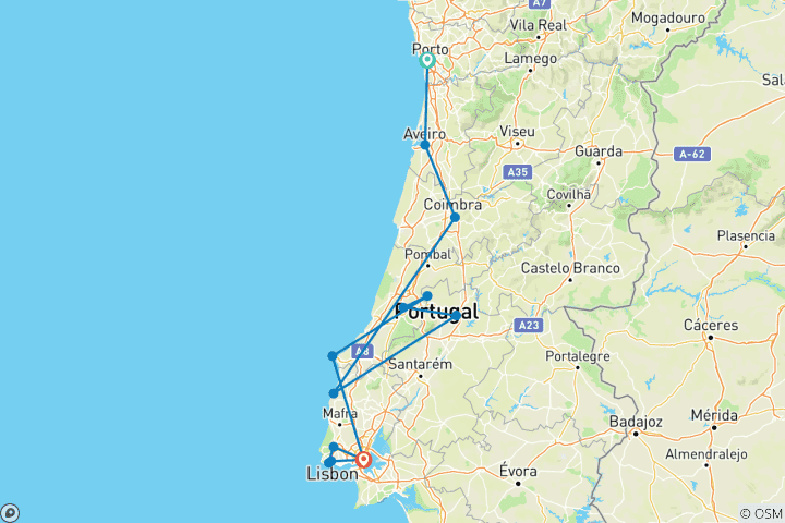 Kaart van Van Porto naar Lissabon - e-biketour met gids (8 dagen)