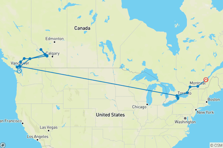 Map of Rockies Grandeur & Best of the East 2027 - 19 Days (from Victoria to Quebec City)