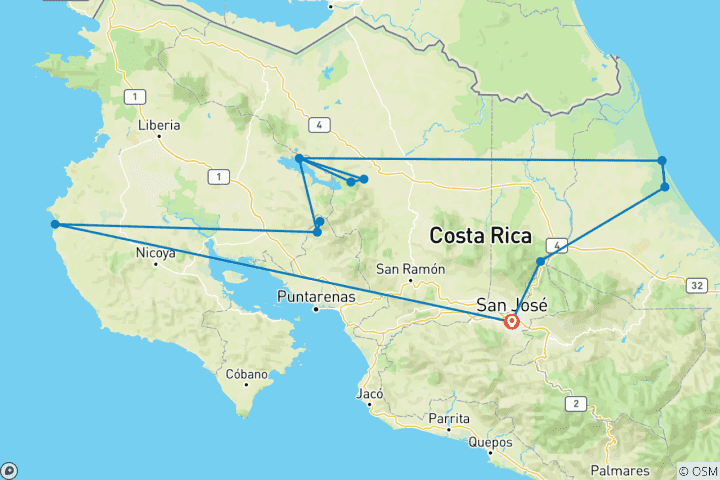 Kaart van Ontdekkingstocht Costa Rica - 13 dagen