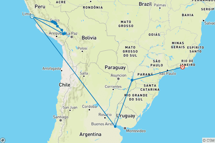 Mapa de Perú a Buenos Aires, Iguazú y Río - 14 días
