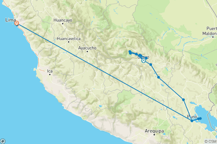 Kaart van Heilige Vallei, Machu Picchu & Titicaca - 8 dagen