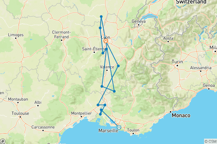 Carte du circuit Saveurs du Rhône - Croisière culinaire 2027 - 8 jours (from Marseille to Lyon)