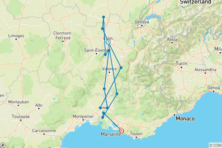 Carte du circuit Saveurs du Rhône - Croisière culinaire 2027 - 8 jours (from Lyon to Marseille)