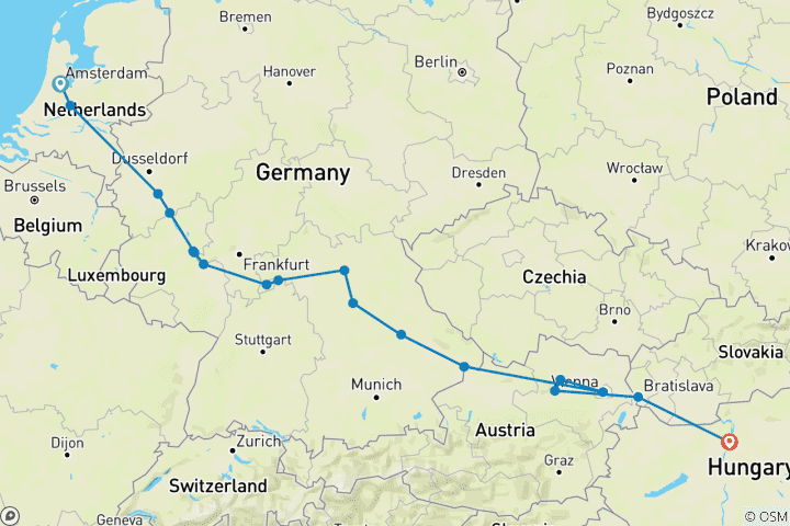 Karte von Quer durch Europa - Amsterdam/Budapest (Amsterdam - Budapest)