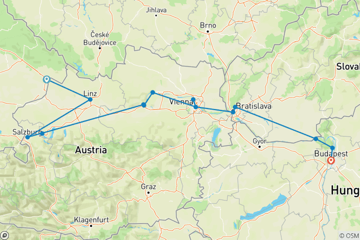 Karte von Klassische Donaukreuzfahrt (Passau - Budapest) (15 Destinationen)