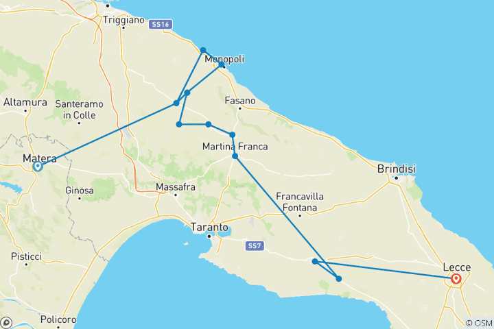 Karte von Matera und Puglia mit dem Rad erkunden (8 Tage)