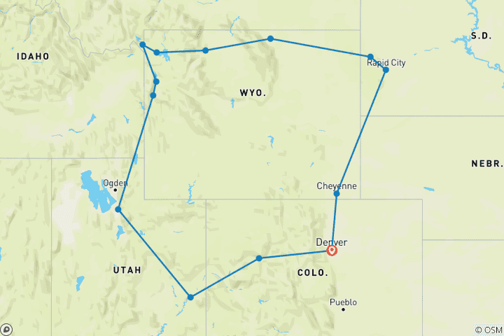 Karte von Amerikas größte Schätze mit Denver Start & Rocky Mountaineer Canyon Spirit Verlängerung