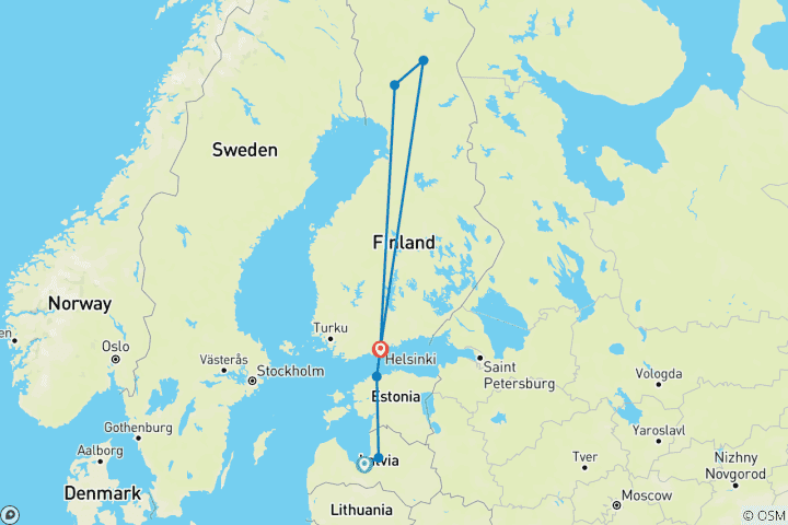 Carte du circuit Magie hivernale des pays nordiques et baltes : un voyage privé de 10 jours de Riga à la Laponie