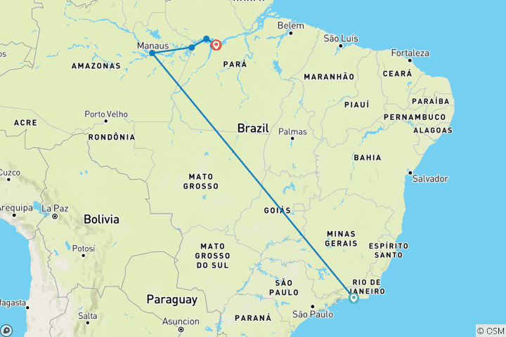 Kaart van Rio de Janeiro, de zachte Amazone en de Tapajós rivier - Een betoverende en intieme cruise naar de mooiste stranden van de Amazone (haven-tot-haven cruise)