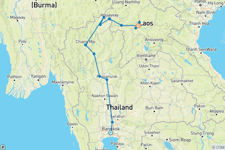 Carte du circuit Les temples de la Thaïlande et l'essence du Laos (16 destinations)