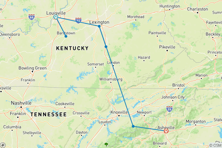 Karte von Bluegrass Country & die Smoky Mountains mit Louisville, Lexington, Gatlinburg & Asheville Louisville, KY nach Asheville, NC