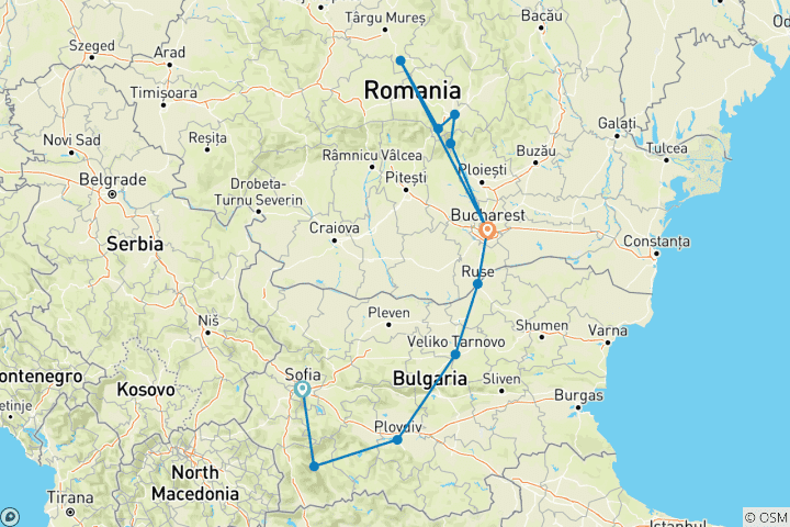 Kaart van Trage Balkan per trein: Bulgarije en Roemenië - oude steden, kastelen, dorpen en bergen